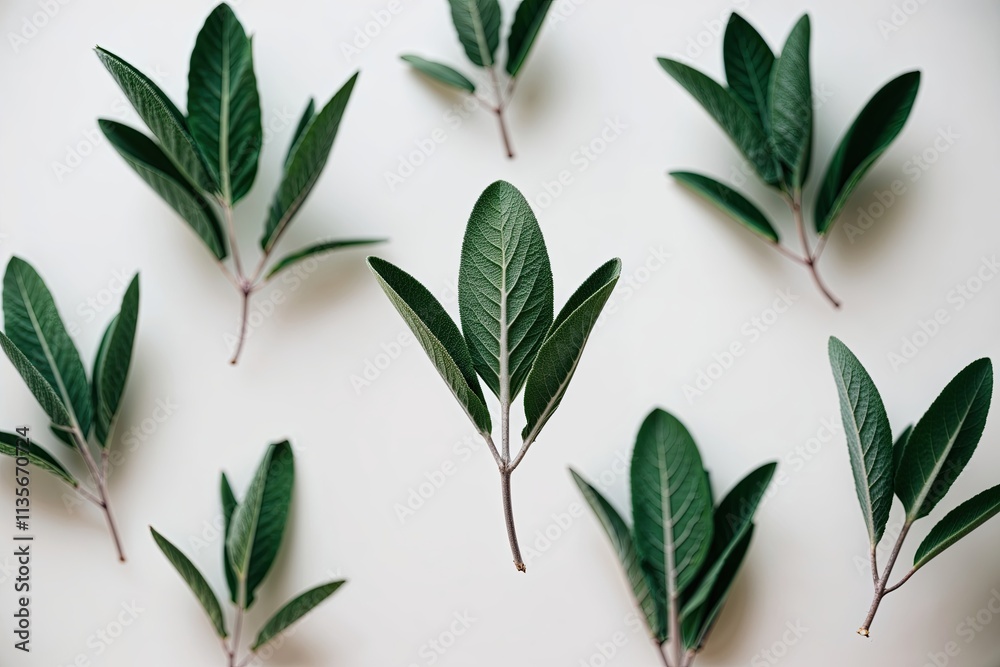 Obraz premium Floating Green Sage Leaves on Soft White Background with Depth of Field Effects