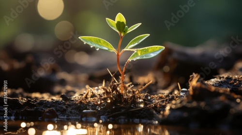 A small plant is growing in the dirt next to a body of water