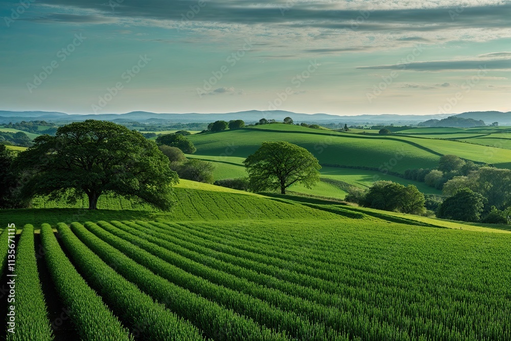 Serene Emerald Landscape Featuring Silhouette Fields and Vibrant Nature Views Serene Emerald Landscape Featuring Silhouette Fields and Vibrant Nature Views