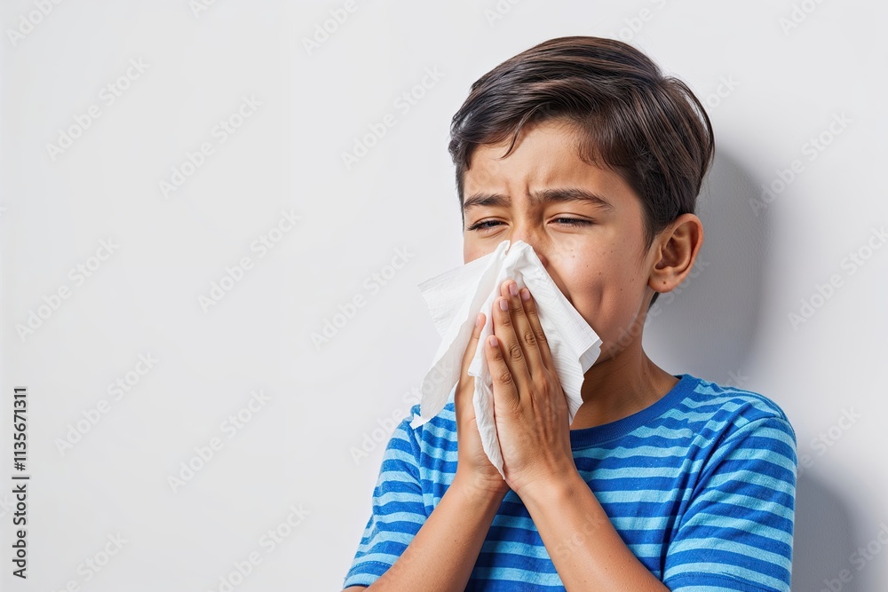Young Boy Sneezing with Tissue on White Background Highlighting Cold Symptoms and Allergies Young Boy Sneezing with Tissue on White Background Highlighting Cold Symptoms and Allergies