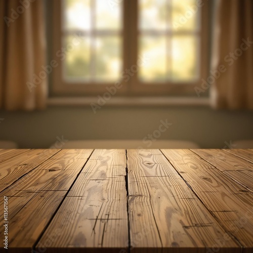 Vintage wooden table top on a blurred background of half-curtained window with warm nostalgic colors, home decor, furniture, blurred background, interior, antique