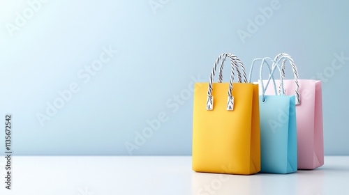 Colorful shopping bags on white table showcasing shopping deals and discounts for retail marketing and consumer promotions photo