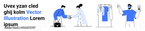 Business professionals shaking hands, a woman choosing clothes from a rack, a man with a bulb. Ideal for business, partnership, fashion, innovation, creativity professional interactions. Landing
