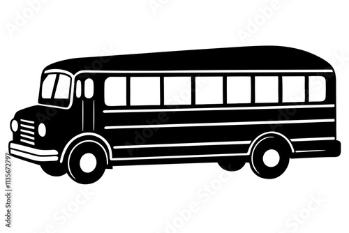 A vintage retro hand drawn school bus line art,silhouette vector icon illustration,car,bus on white background.