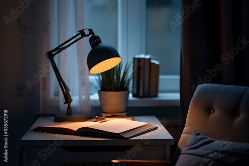 Lamp and book on the bedside table in the dark room