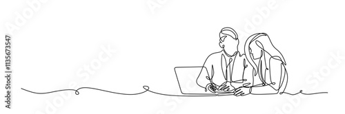 One line drawing of men and women office business meeting graphic continuous line drawing design.eps