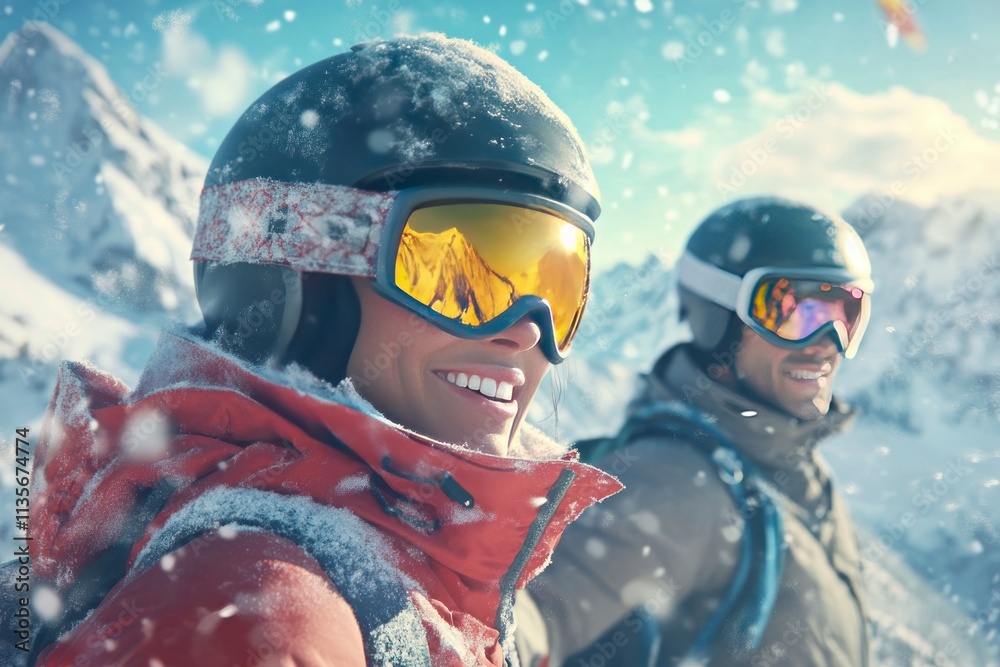 Happy skiers in snowy mountains enjoy winter. Happy skiers in snowy mountains enjoy winter.