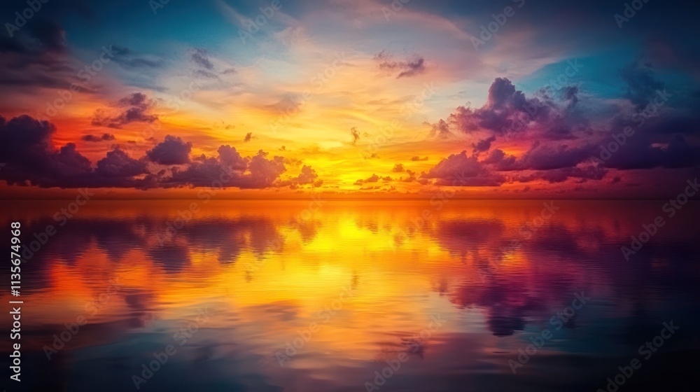 A vibrant sunset over calm waters, reflecting vivid colors and dramatic clouds. A vibrant sunset over calm waters, reflecting vivid colors and dramatic clouds.