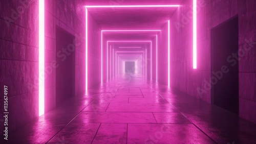 Vibrant corridor illuminated by neon lights in a dark setting