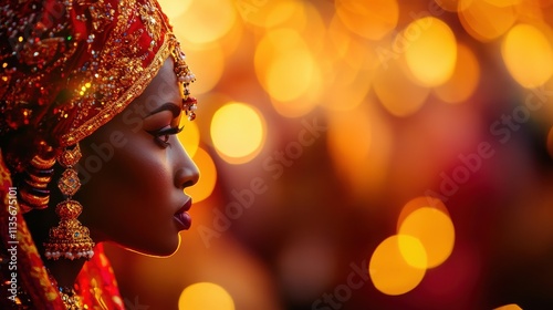 A beautifully adorned woman in profile, showcasing intricate jewelry and vibrant attire against a backdrop of soft, glowing lights.