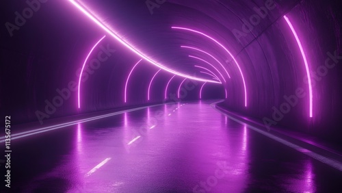 Dynamic neon lights illuminate a winding tunnel at night