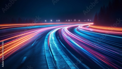 Nighttime highway with vibrant light trails glowing in motion