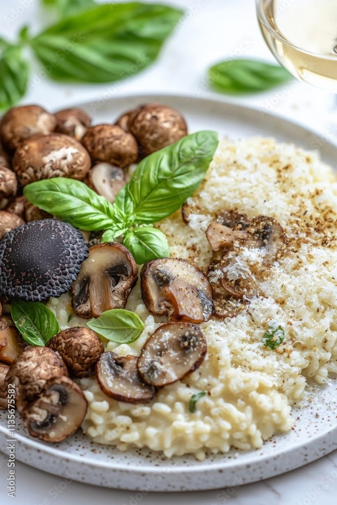 Fototapeta premium Risotto with mushrooms, Parmesan cheese, Basil and truffle on a white plate, next to a glass of wine , isolated on white background, , copy space, copy space for text,