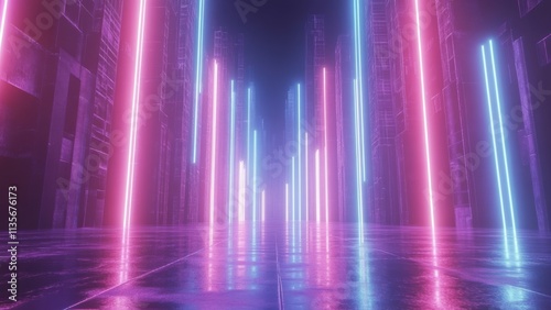 Colorful neon lights illuminate a futuristic urban landscape at night