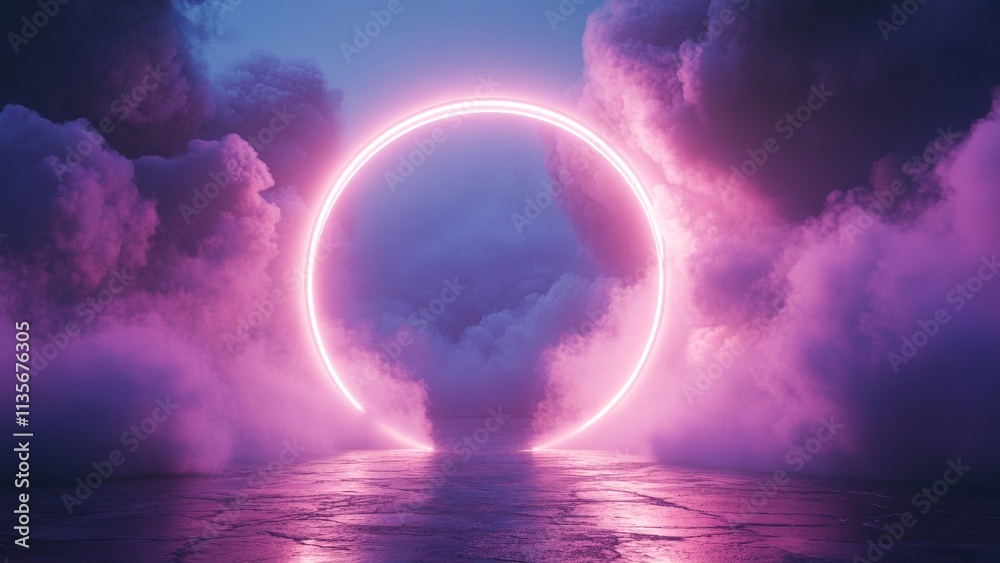 Vibrant neon circle surrounded by mystical clouds at twilight Vibrant neon circle surrounded by mystical clouds at twilight
