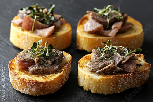 Delicious bruschettas with truffle sauce and microgreens on black table, flat lay. Space for text , isolated on white background,  , copy space, copy space for text, photo