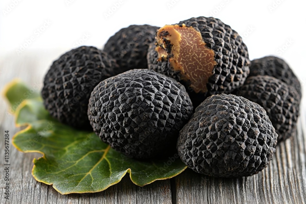 Some black truffles over a wooden surface and an oak leaf. , isolated on white background, , copy space, copy space for text, Some black truffles over a wooden surface and an oak leaf. , isolated on white background, , copy space, copy space for text,