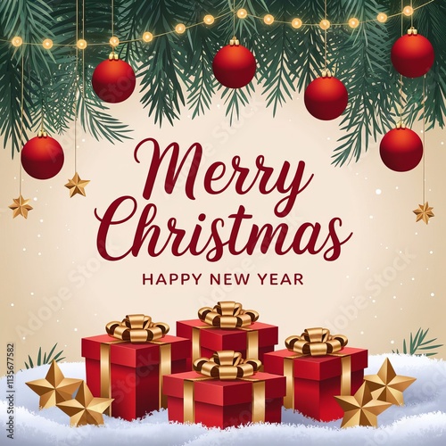 Christmas scene festive decorations include red baubles pine branches gold beads candy cane Merry Christmas text Happy New Year text