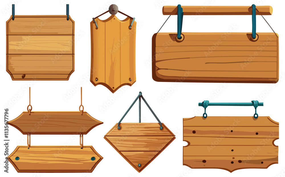 Naklejka premium 木製吊り下げ看板ベクターイラストセット