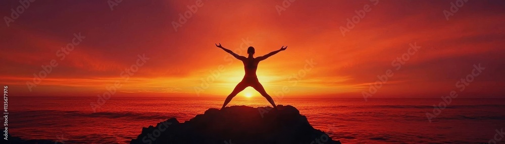 A silhouetted figure stands triumphantly on a rock against a vibrant sunset, embodying freedom and inspiration. A silhouetted figure stands triumphantly on a rock against a vibrant sunset, embodying freedom and inspiration.