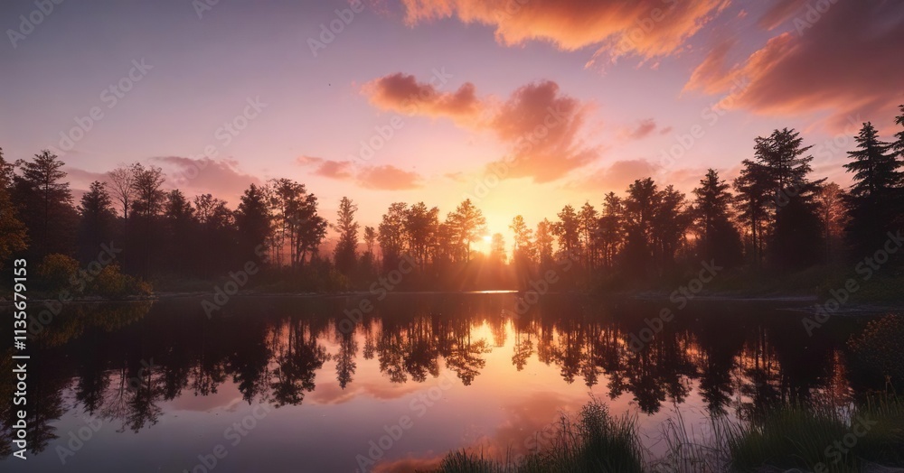 Obraz premium Colorful sunset over a lake with trees silhouetted in the foreground, silhouette, dusk