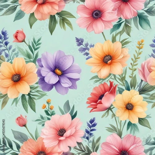 Colorful watercolor flowers on a pastel background, spring, floral, illustration