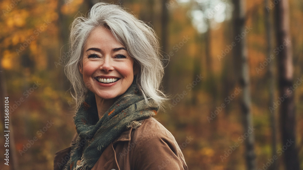 Joyful mature woman with gray hair smiling warmly in a beautiful autumn forest surrounded by colorful fall leaves and soft natural light