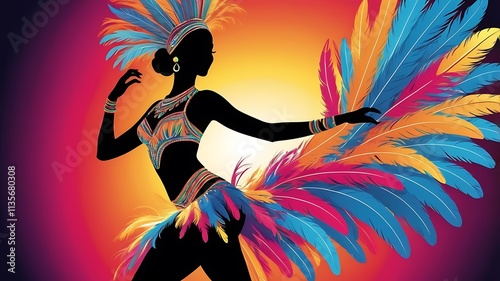 Vibrant Silhouette Of A Carnival Dancer In Colorful Feathers