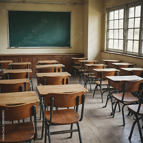 Empty Classroom. Back to school concept in high school. Classroom Interior Vintage Wooden Lecture Wooden Chairs and Desks.