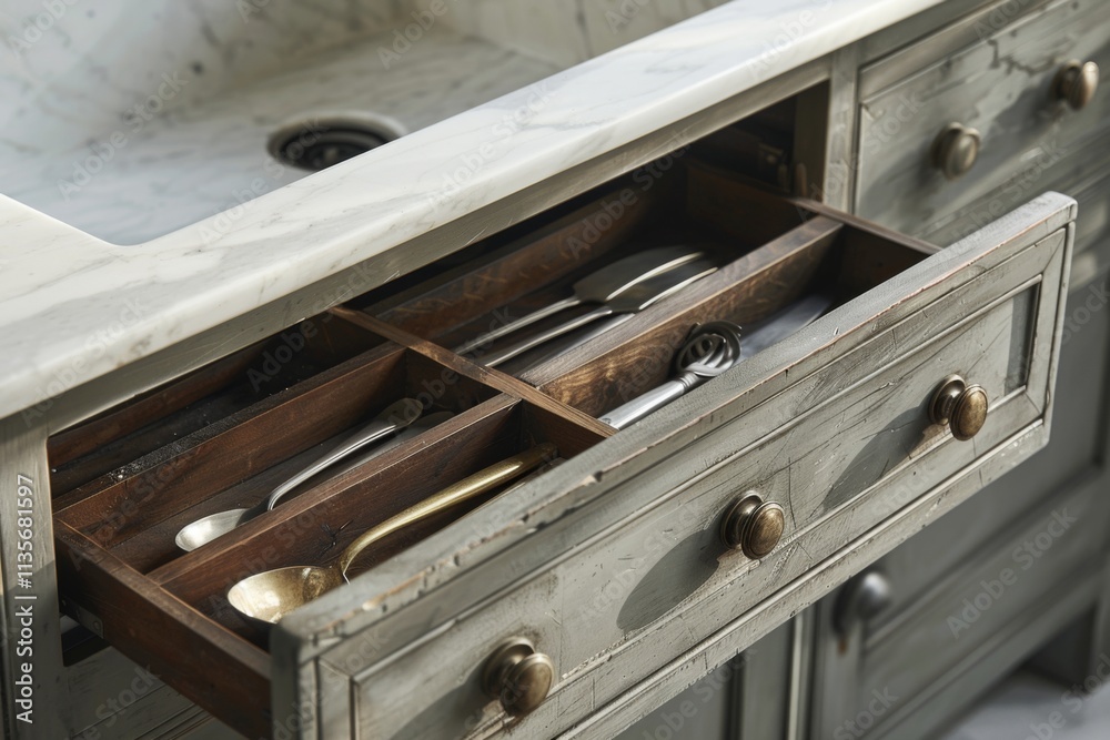 Open kitchen drawer with different silver cutlery, spoons, forks and other