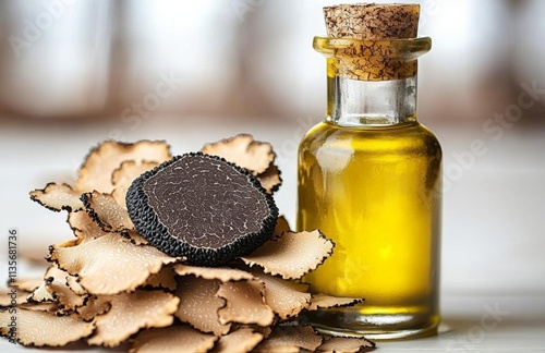 Delicacy mushroom black truffle with olive oil bottle on a light background , isolated on white background,  , copy space, copy space for text,
