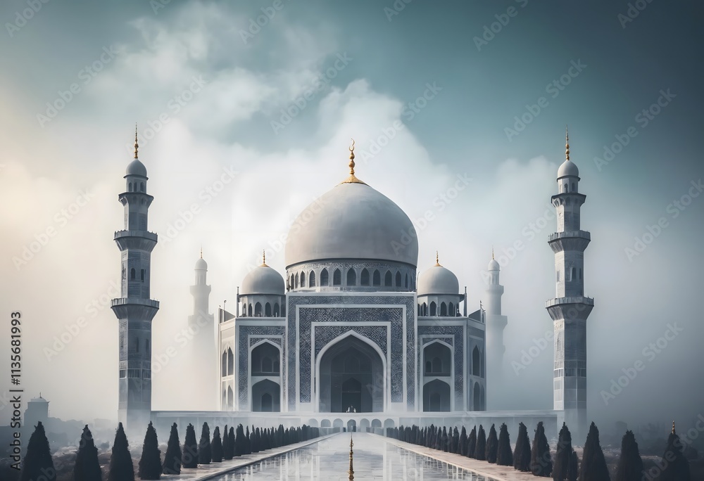 Obraz premium Majestic Mosque in Misty Morning: A Serene Architectural Marvel
