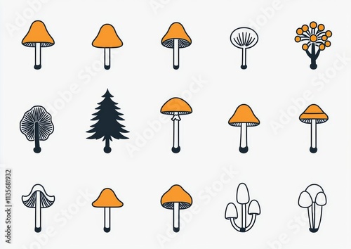Forest mushroom line icon set