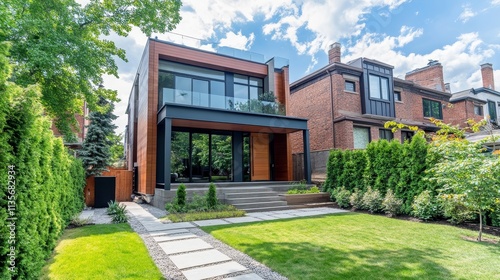 Modern house with large windows and landscaped yard under a bright sky.