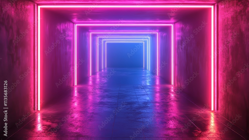 Neon light tunnel with vibrant glowing colors in urban setting Neon light tunnel with vibrant glowing colors in urban setting