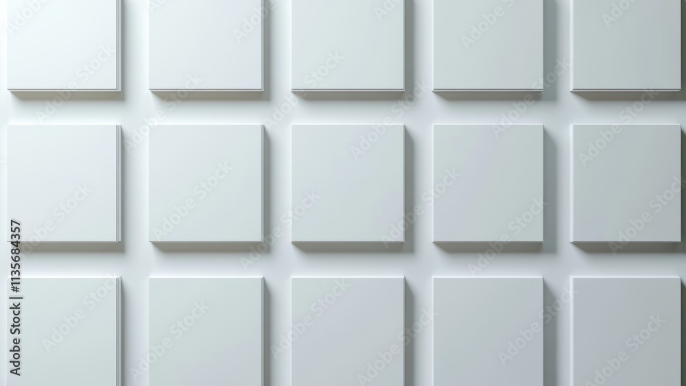 Minimalistic white wall with square panels in modern interior design Minimalistic white wall with square panels in modern interior design