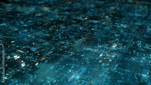 A futuristic, digitally generated abstract motion matrix in a cyber environment, showcasing big data analytics and AI simulation, perfect for use as a digital background in motion videos.