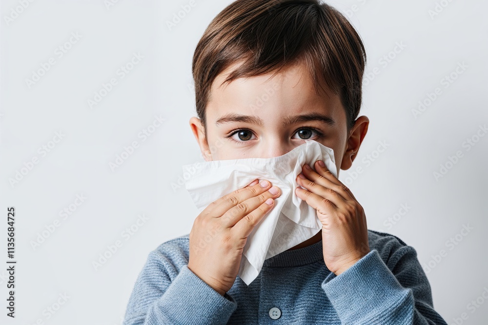 Young Child Wiping Nose with Tissue on Clean White Background Demonstrating Cold or Allergy Signs Young Child Wiping Nose with Tissue on Clean White Background Demonstrating Cold or Allergy Signs