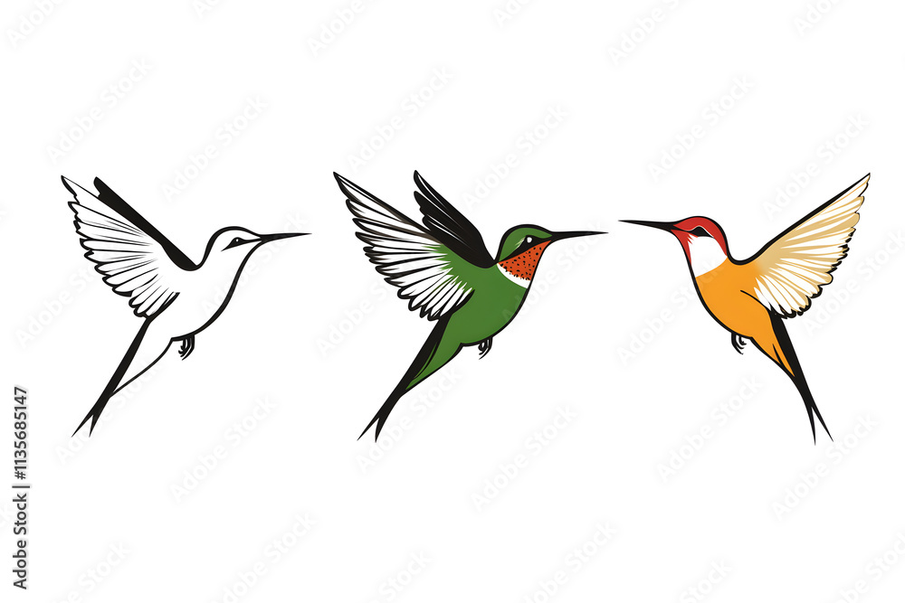 Fototapeta premium Illustration of vibrant hummingbirds in black and white, green with a red neck, and orange with golden wings, showcasing elegance, nature, and diversity in bird design