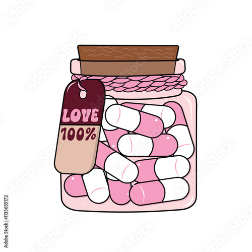 Pills bottle with pink love medicine vector, love medicine jar vector