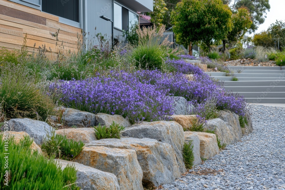 Obraz premium Purple flowers bloom vibrantly amidst grey rocks and gravel. Ideal for landscaping, garden, and architectural design websites.