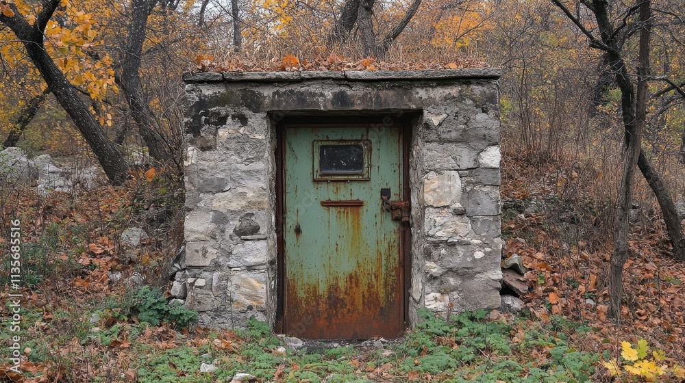Rustic stone structure with a rusty green metal door, autumn leaves scattered around. Perfect for mystery, suspense, or abandoned place themes. Rustic stone structure with a rusty green metal door, autumn leaves scattered around. Perfect for mystery, suspense, or abandoned place themes.