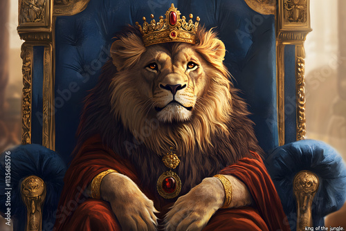 Majestic lion king sitting on a royal throne wearing a golden crown and red robe, symbolizing power, leadership, strength, royalty, wisdom, and kingdom rule in fantasy art photo