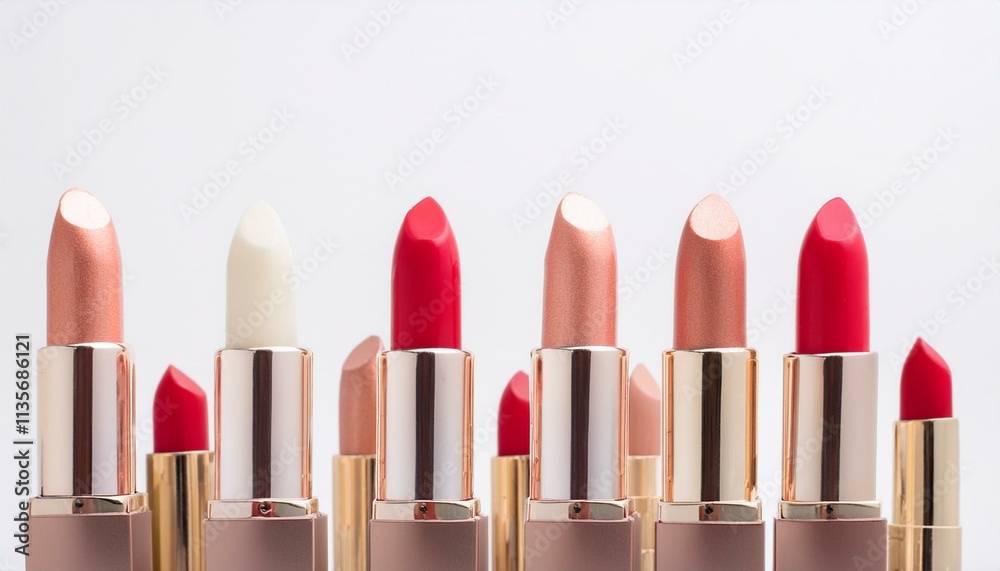 Obraz premium Lipstick Lineup: A vibrant collection of lipstick tubes in various shades, showcasing the allure and diversity of beauty products.