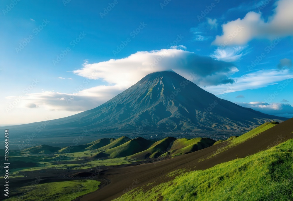 Volcano Landscape: Green Hills and Cloudy Peak
Volcano Landscape: Green Hills and Cloudy Peak