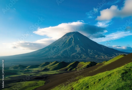 Volcano Landscape: Green Hills and Cloudy Peak 