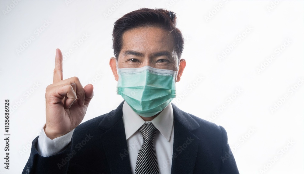 Businessman with Mask Pointing Up: A determined businessman in a suit and tie, wearing a protective face mask, points his finger upward, conveying a sense of hope, resilience. Businessman with Mask Pointing Up: A determined businessman in a suit and tie, wearing a protective face mask, points his finger upward, conveying a sense of hope, resilience.