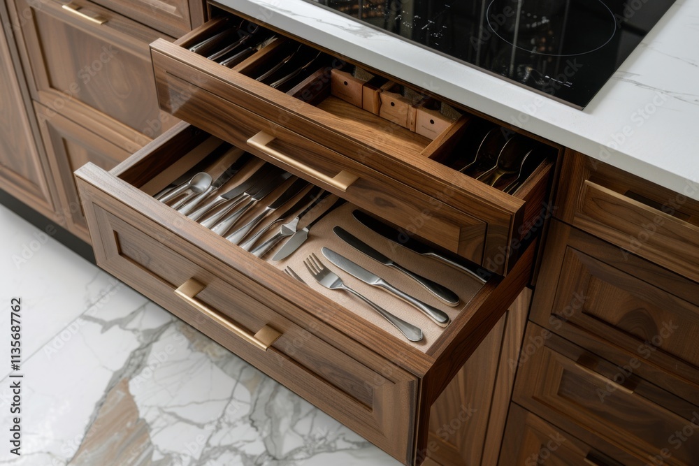 Open kitchen drawer with different silver cutlery, spoons, forks and other Open kitchen drawer with different silver cutlery, spoons, forks and other
