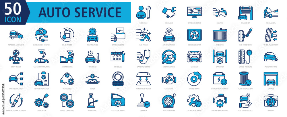 Auto Services Icon Set Blue with mechanic, car diagnostics, painting, repair shop, and roadside assistance Auto Services Icon Set Blue with mechanic, car diagnostics, painting, repair shop, and roadside assistance