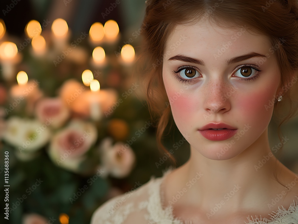Fototapeta premium Young Woman with Freckles and Romantic Background